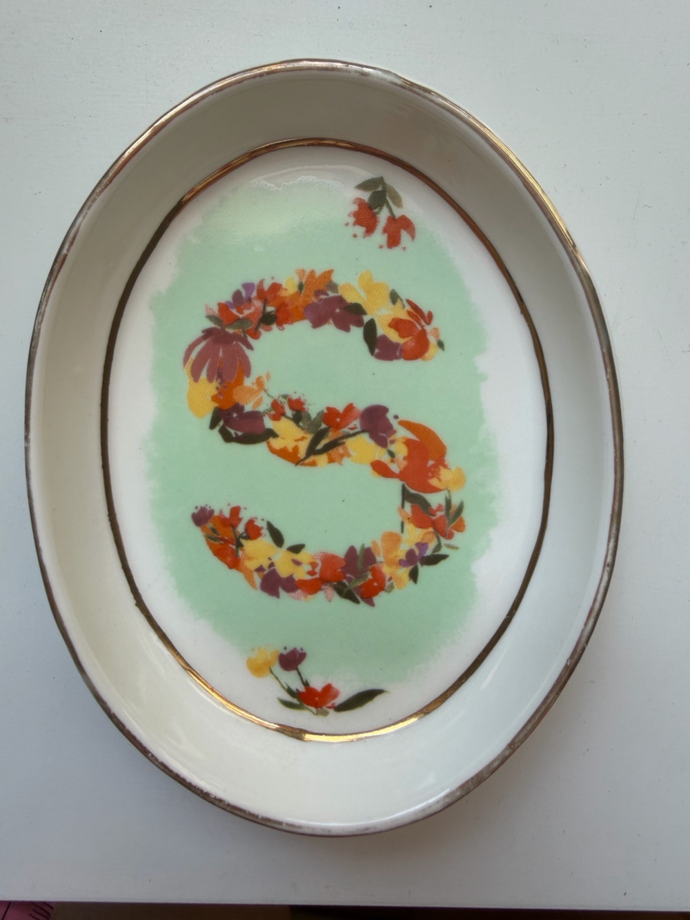 Anthropologie Kiana Mosley Floral Monogram Trinket Dish Letter S Gold Rim Rare